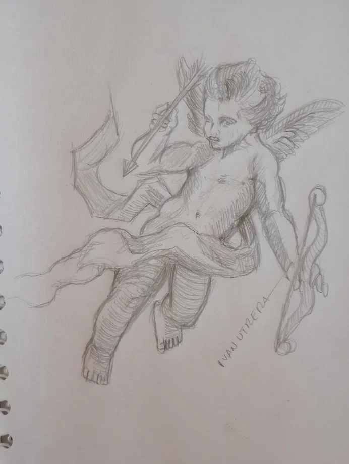A pencil sketch of a winged, nude cherub holding a bow and arrow, drawn on spiral-bound paper. The artist's signature 'Ivan…