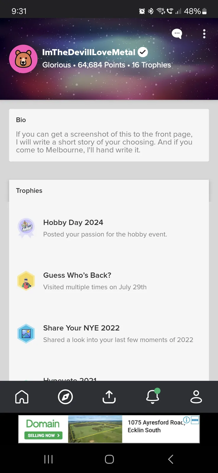 A screenshot of a user profile on a social media app shows a username 'ImTheDevilILoveMetal' with 64,684 points and 16…