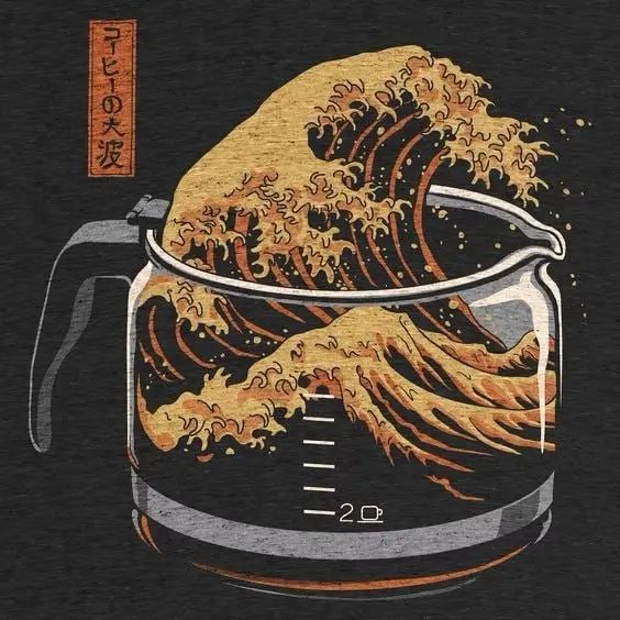 A stylized illustration shows the famous Japanese woodblock print 'The Great Wave off Kanagawa' reimagined as a massive wave…