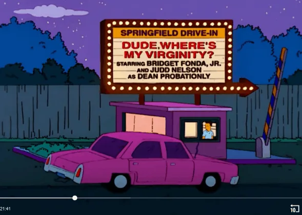 The image shows a sequence from The Simpsons where Homer Simpson is driving a car with his wife Marge. In the first frame…
