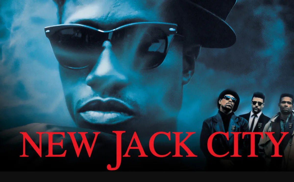 The image is a movie poster for 'New Jack City,' featuring a large close-up of a man in sunglasses and a fedora against a…