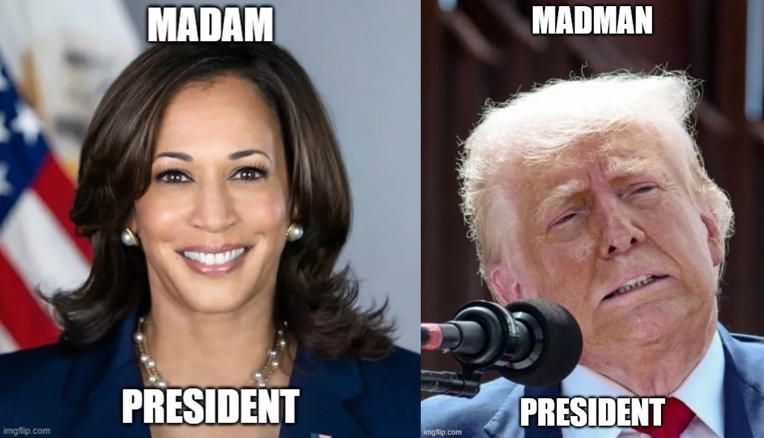 The image is split into two panels. The left panel shows Kamala Harris smiling, with the text 'MADAM PRESIDENT' overlaid…
