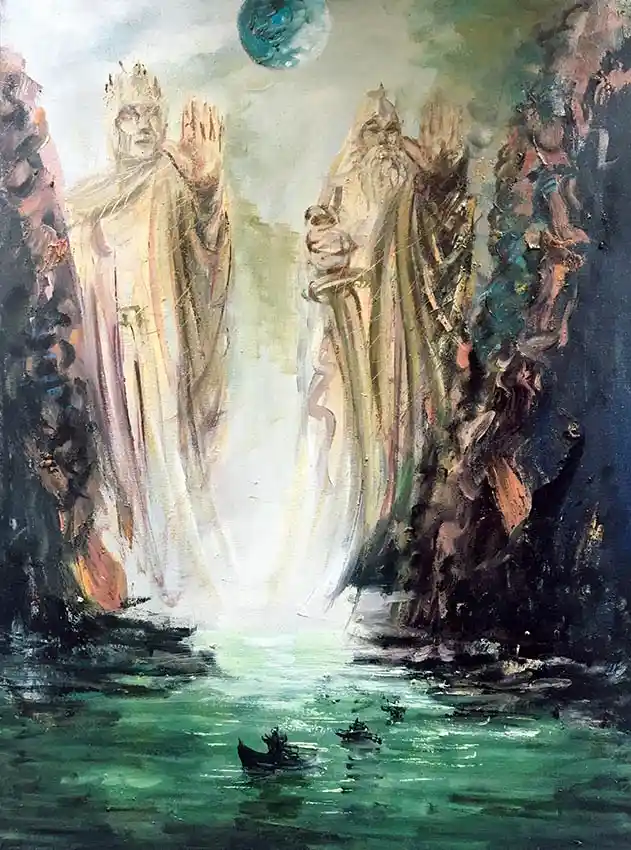 A painting depicts two towering, robed, god-like figures standing on a cliffside overlooking a body of water where small…