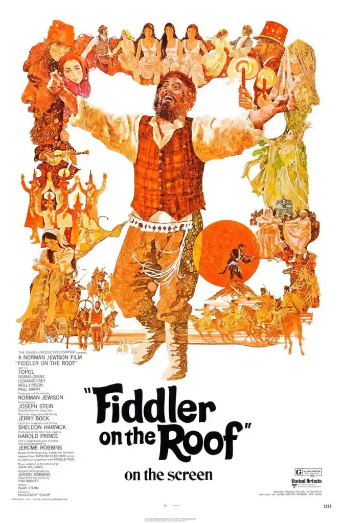 This is a vintage movie poster for the 1971 film 'Fiddler on the Roof,' featuring a central illustration of a bearded man in…