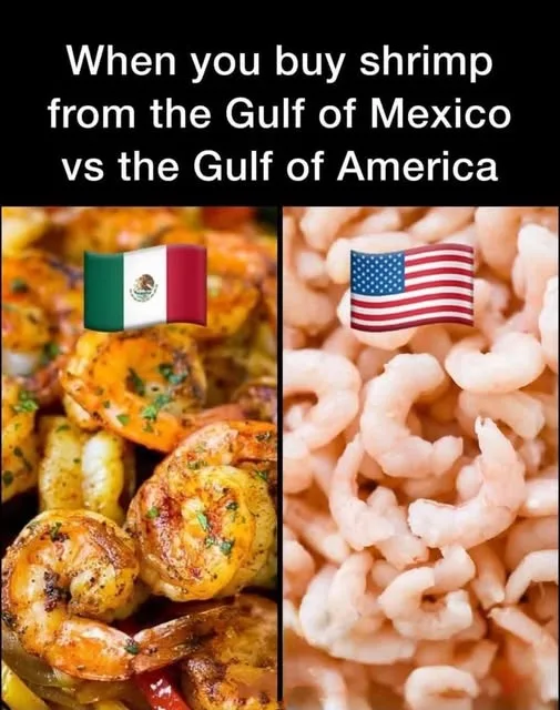 The image is split into two vertical panels. The left panel shows cooked, seasoned, and browned shrimp with a Mexican flag…