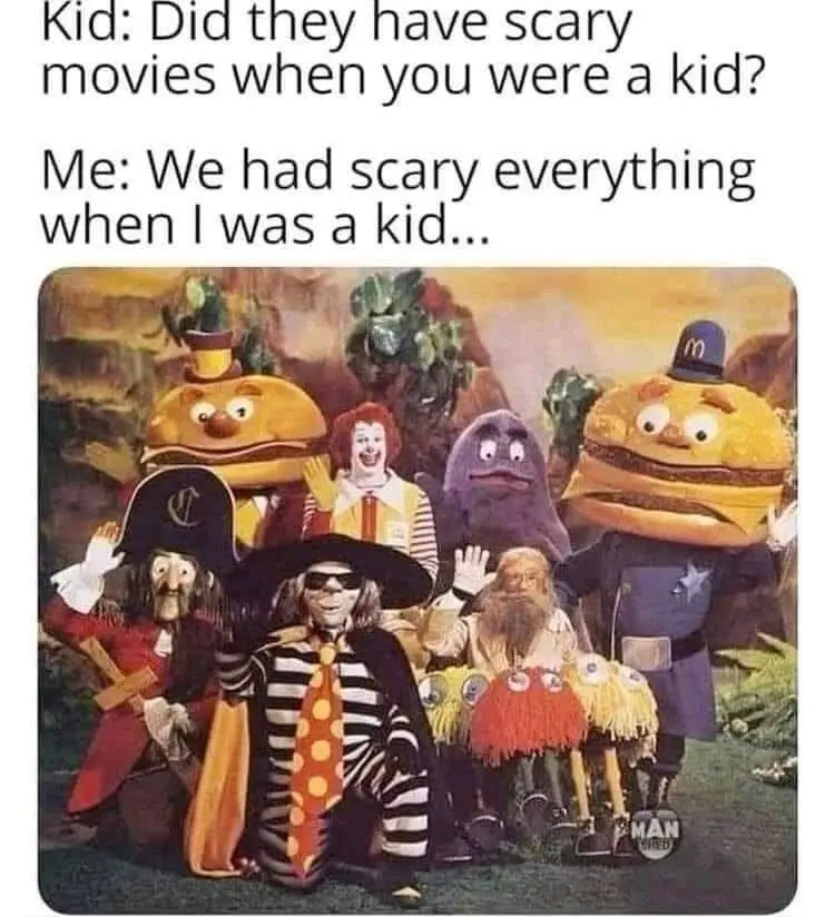 The image shows a group of colorful, cartoonish characters including Ronald McDonald, two hamburger-headed figures, a…