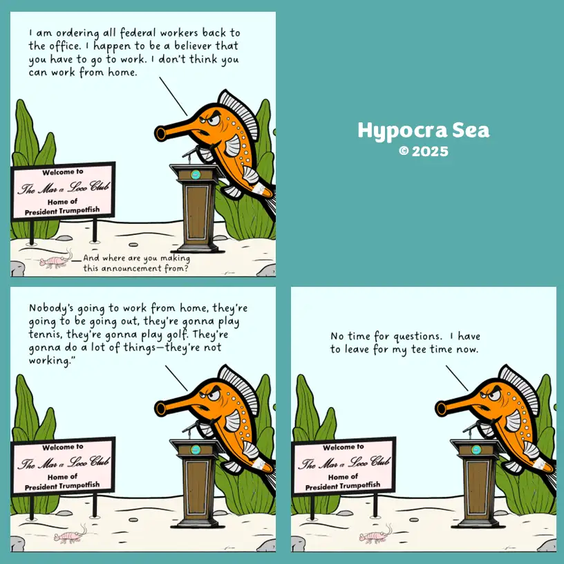 A cartoon fish named 'President Trumpetfish' stands at a podium in front of a sign reading 'Welcome to The Mar a Loco Club…