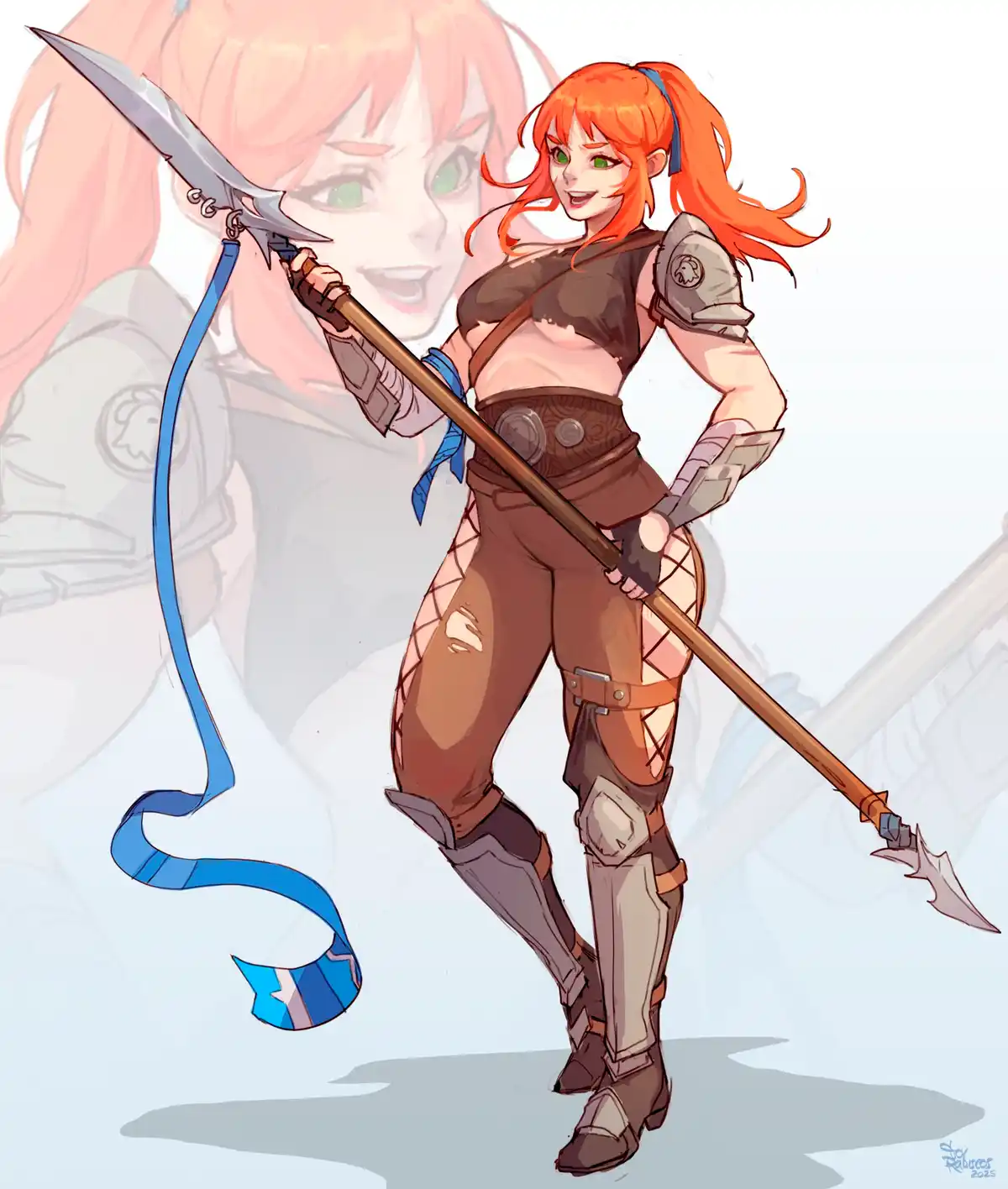 An anime-style illustration of a female warrior with orange hair and green eyes, holding a large spear with a blue ribbon…