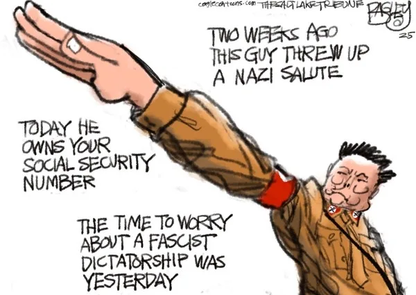 A cartoon depicts a man in a brown jacket and red armband raising his right arm in a Nazi salute. Text overlaid on the image…
