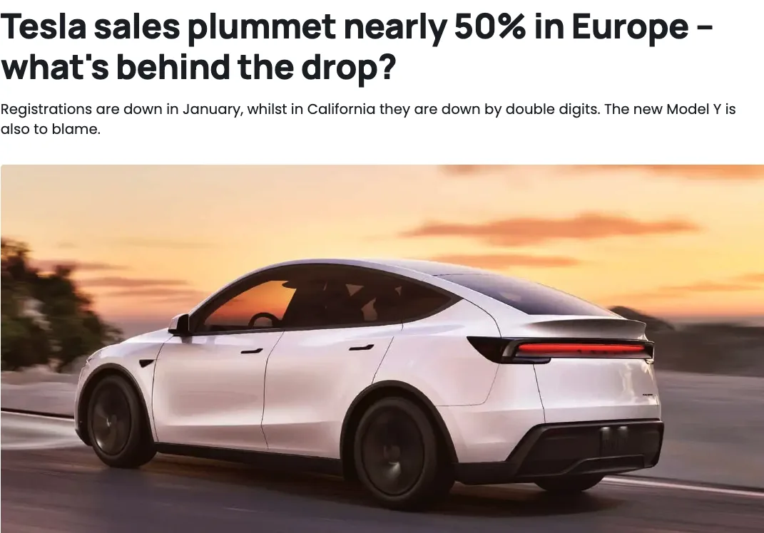 A white Tesla Model Y is shown driving on a road during sunset, with the overlaid text stating 'Tesla sales plummet nearly…