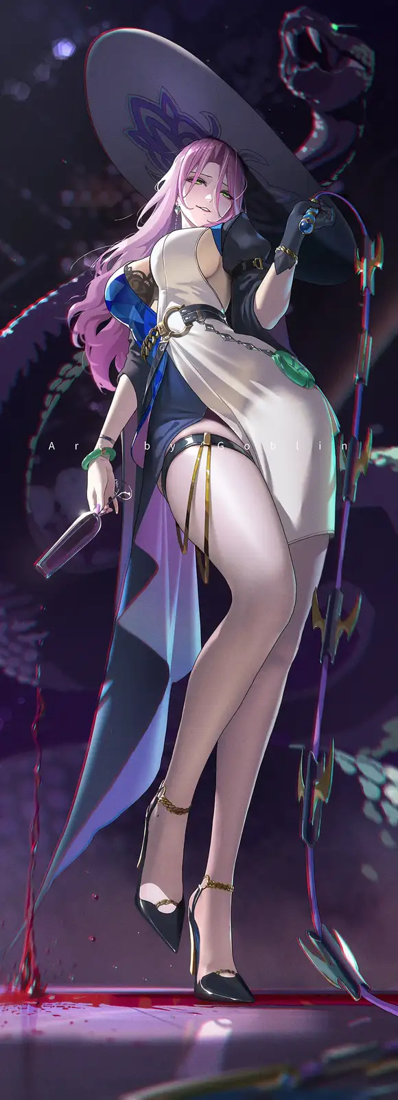 A stylized anime woman with long pink hair and green eyes wears a revealing white and blue outfit with black thigh-highs and…