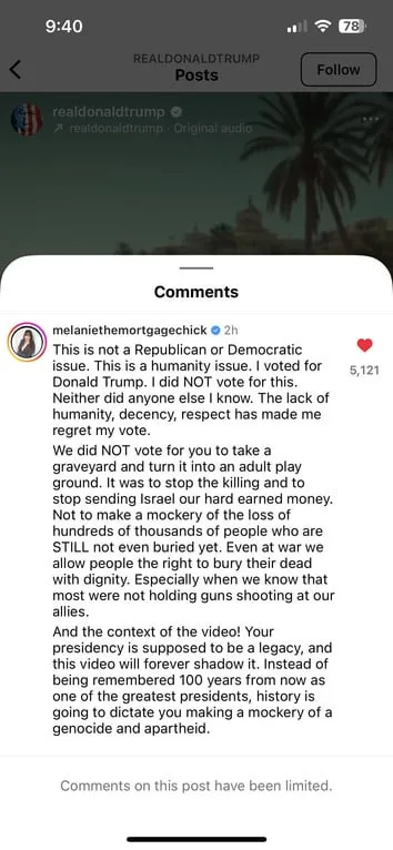 A screenshot of a social media comment section under a post by 'realdonaldtrump'. The comment, from user…