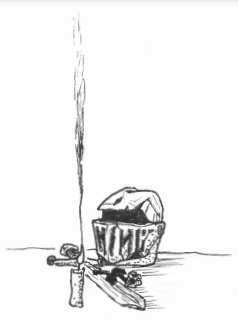 A black-and-white sketch shows a fishing rod with a line dangling into water, next to an open treasure chest overflowing…