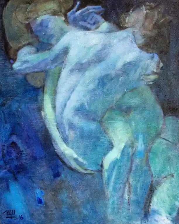 A painting of two abstract, blue-toned human figures embracing, with visible brushstrokes and a dark background. The text…