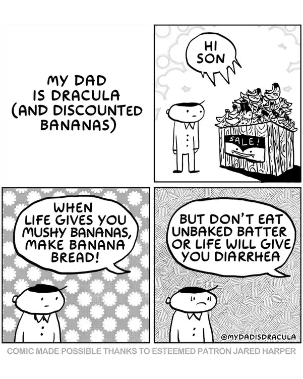 A four-panel comic titled 'MY DAD IS DRACULA (AND DISCOUNTED BANANAS)' shows a son encountering his dad, who is a vampire…