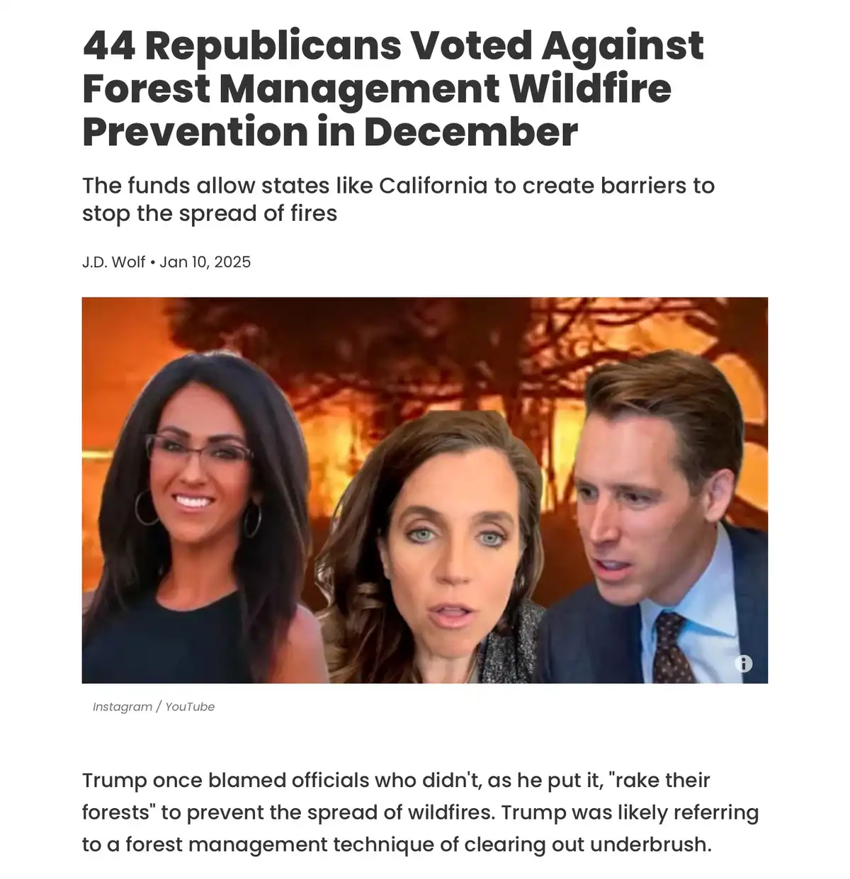 The image shows a news article snippet with a headline about 44 Republicans voting against wildfire prevention funding…