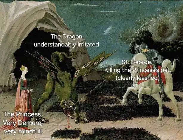 A classical painting depicts a knight on a white horse spearing a green dragon emerging from a cave, while a princess in a…