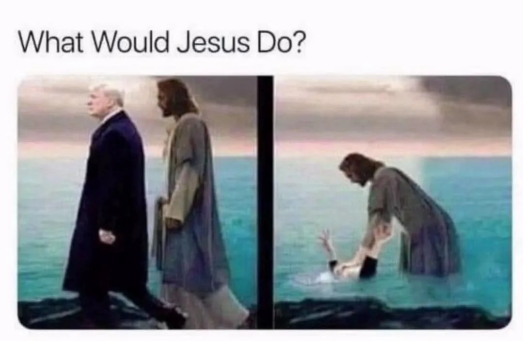 The image is split into two panels. The left panel shows a man in a dark suit walking beside a figure resembling Jesus…