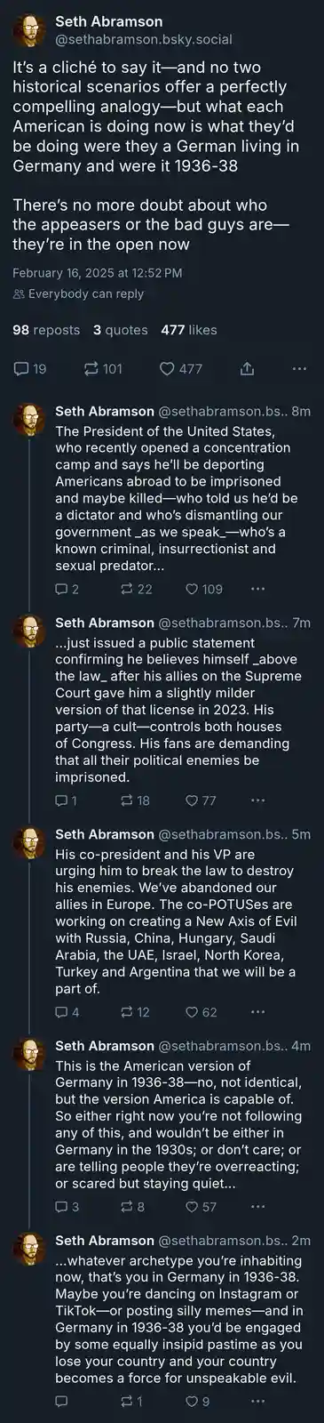 This is a screenshot of a social media thread by Seth Abramson, where he argues that current American political behavior…