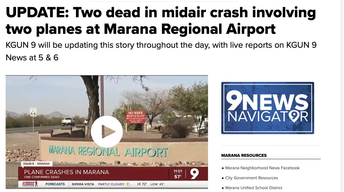 A screenshot of a KGUN 9 news webpage shows a video player with a play button over an image of the Marana Regional Airport…