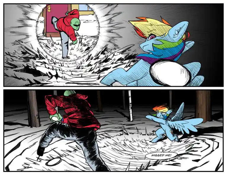 Two comic panels show a green-skinned person in a red hoodie throwing a snowball at a blue pony with rainbow hair. In the…