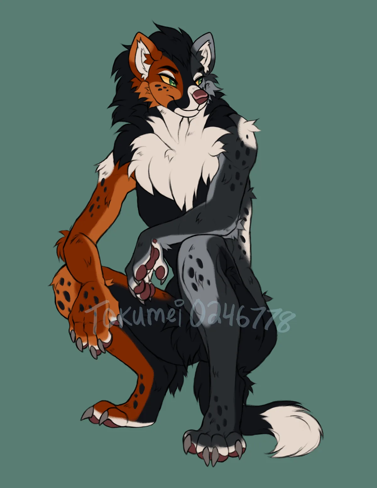 A stylized anthropomorphic feline creature with a split-color coat—half orange with black spots and half black with gray…