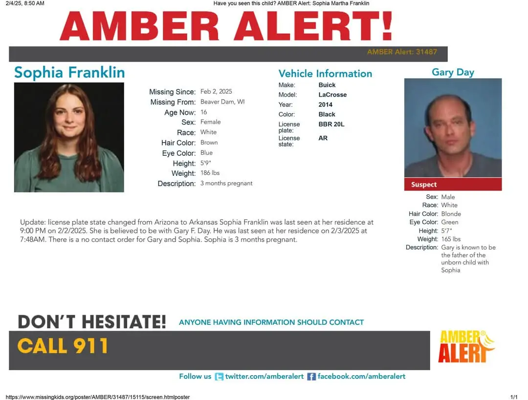 An AMBER Alert poster for missing 16-year-old Sophia Franklin, who is 3 months pregnant, features her photo and details like…