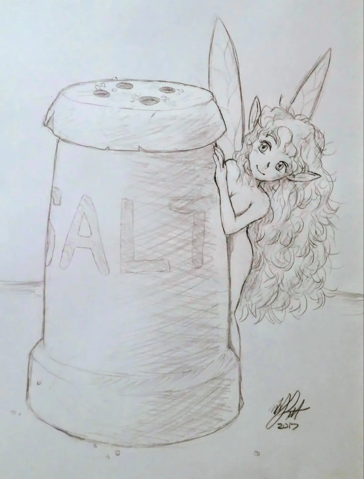 A pencil sketch shows a small, furry, elf-like creature with large ears and curly hair peeking out from behind a large salt…