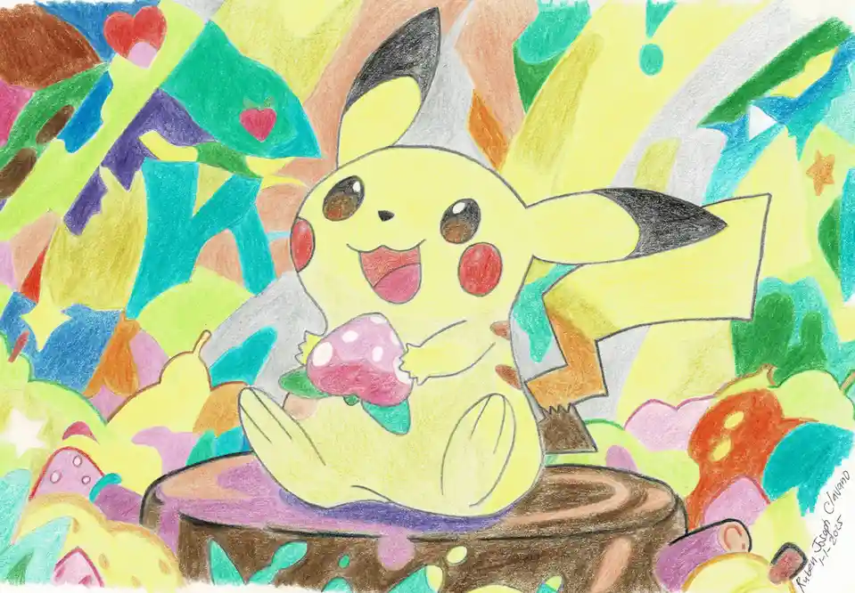 A colorful crayon drawing shows Pikachu sitting happily on a tree stump, holding a pink mushroom with white spots. The…