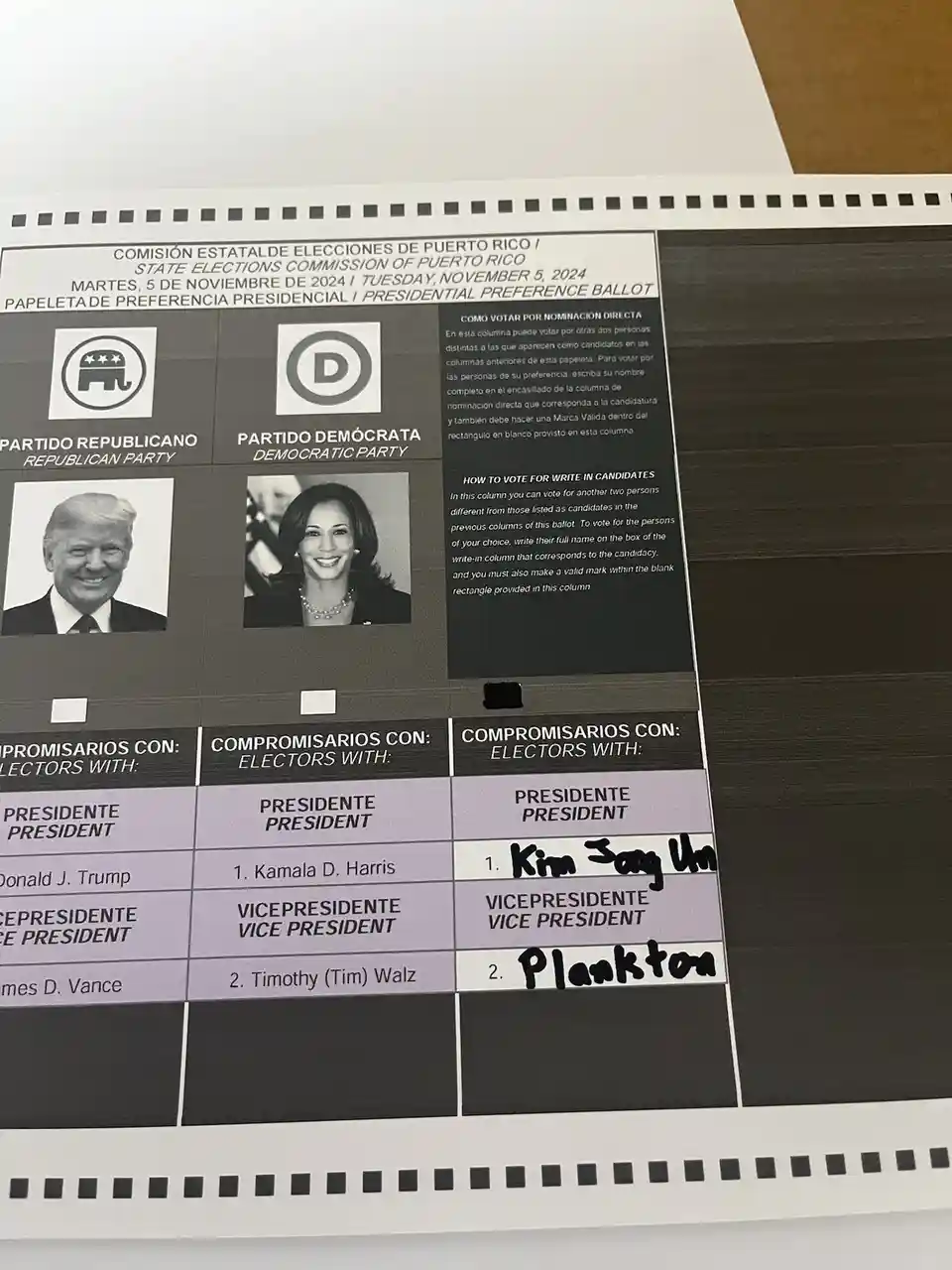 A Puerto Rico presidential preference ballot from November 5, 2024, shows Donald Trump and Kamala Harris as official…