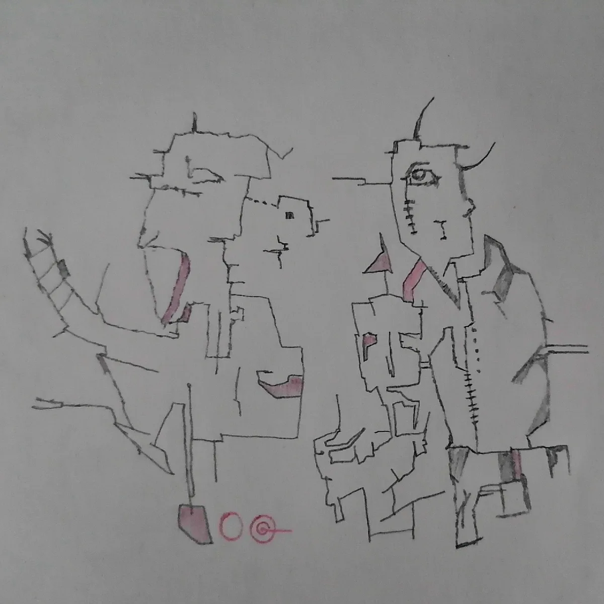 A crude, abstract line drawing depicts two stylized humanoid figures with angular, blocky features and minimal facial…