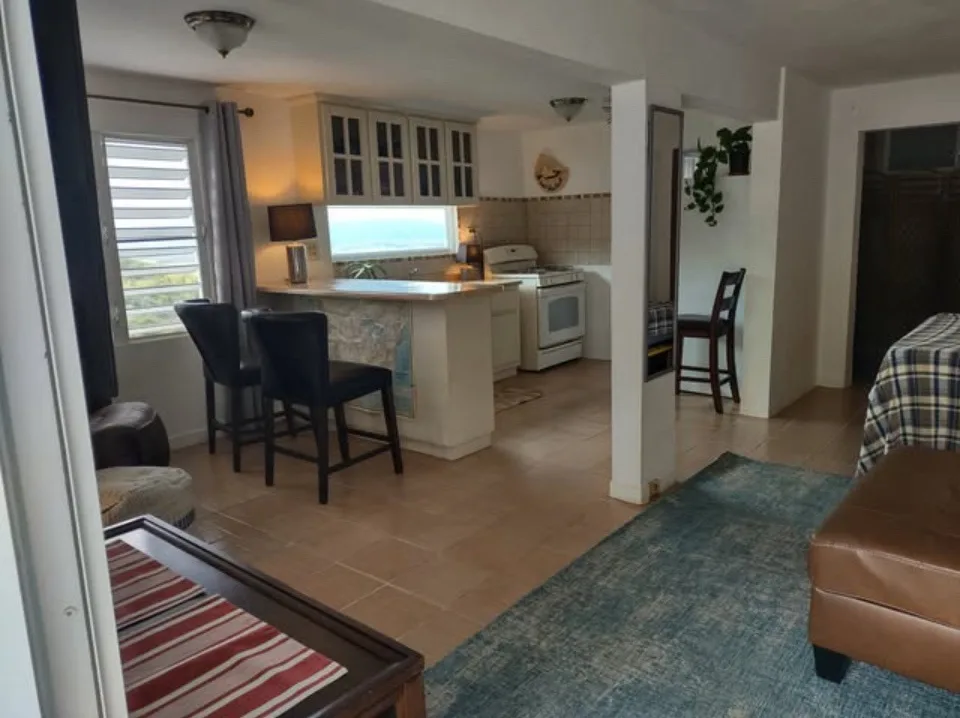 A wide-angle photo of a modest, open-plan apartment showing a kitchen with white cabinets and a stove, a dining bar with…