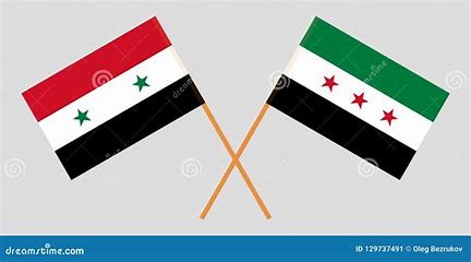 two crossed flags of syria, one featuring green stars and the other red stars, set against a plain gray background. the…