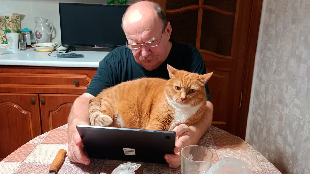 A man with glasses and a mustache sits at a kitchen table holding a tablet, with a large orange tabby cat resting on his…