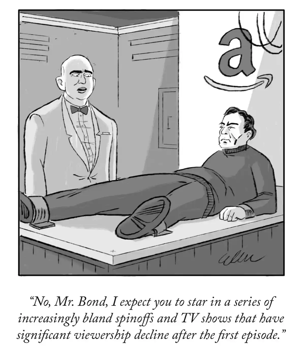 A black-and-white cartoon depicts a bald man in a tuxedo standing beside a desk where another man lies stretched out. The…
