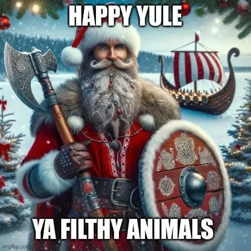 A digitally altered image shows a Viking-style Santa Claus with a long beard, wearing a red and white fur-trimmed outfit and…