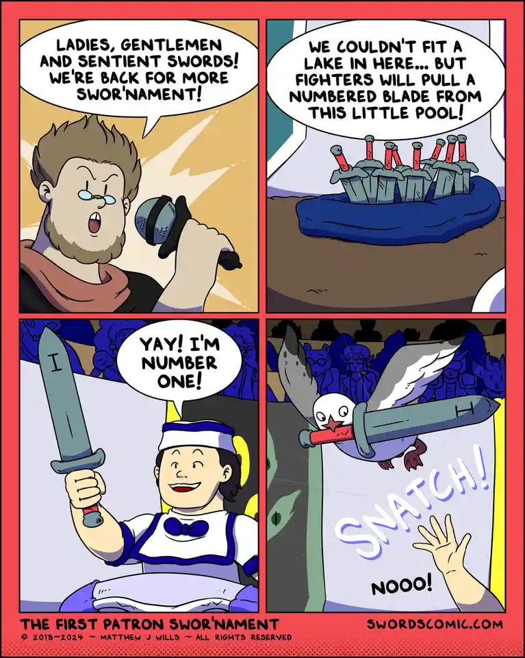 A four-panel comic strip depicts a sword-themed tournament. A host announces 'Swor'Nament' to 'ladies, gentlemen and…