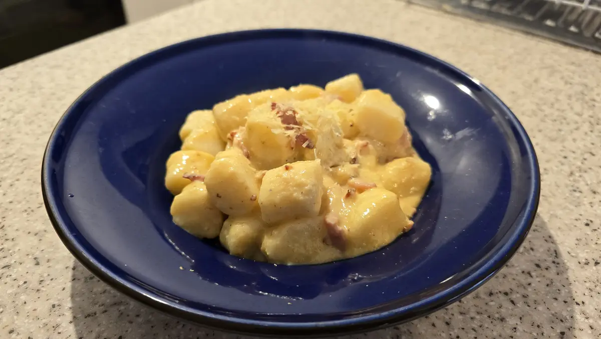 Delicious homemade gnocchi paired perfectly with creamy carbonara