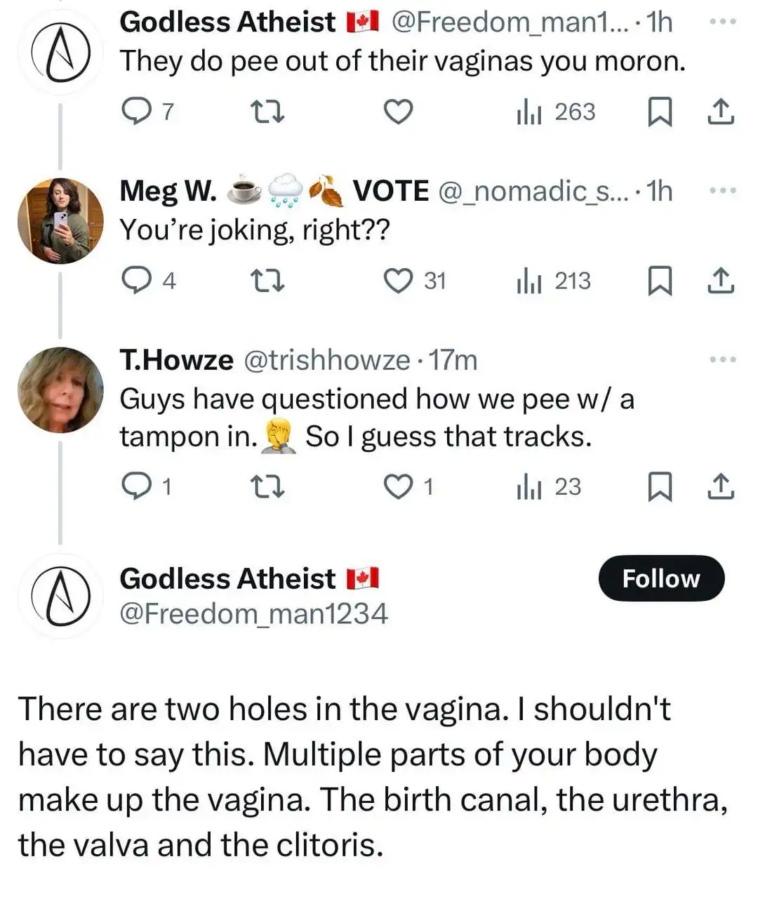 A screenshot of a Twitter thread where a user named 'Godless Atheist' initially states that women pee out of their vaginas…
