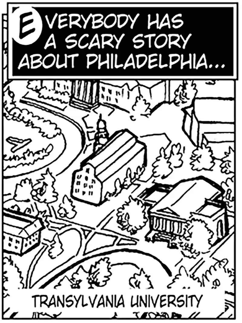A black-and-white cartoon illustration shows an aerial view of a campus with buildings, trees, and winding roads. The top…