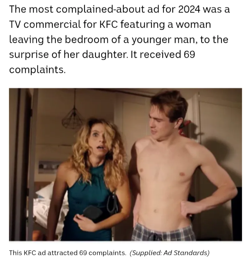 A still from a KFC TV commercial shows a woman in a teal dress looking shocked as she exits a bedroom, while a shirtless…