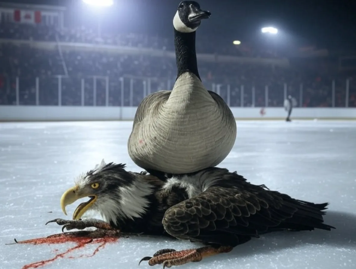 A canadian goose stands triumphantly atop a dead bald eagle lying on an ice rink, with blood pooling beneath the eagle. The…