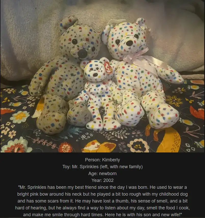Three Ty Beanie Babies with colorful confetti patterns sit together on a floral-patterned blanket. The largest bear on the…