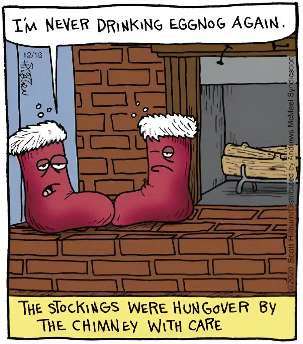 Two red Christmas stockings with white trim sit on a brick fireplace ledge, looking miserable and hungover. One has a speech…
