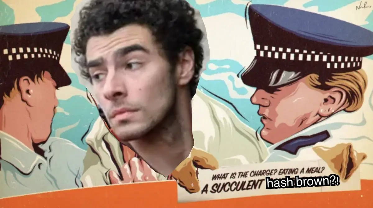 A vintage-style police illustration shows two officers facing each other, with a photo of a man with curly hair superimposed…