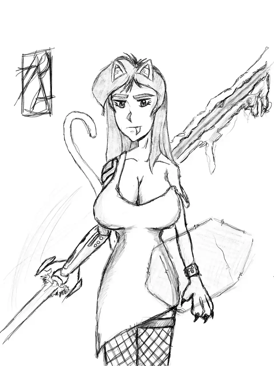 A black-and-white sketch of an anime-style female character with cat ears, a tail, fangs, and holding a sword, with a messy…