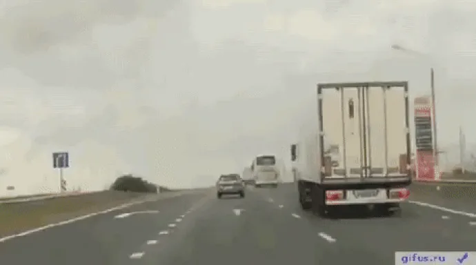 a sequence of six frames shows a car driving behind a large white truck on a multi-lane highway under an overcast sky. The…