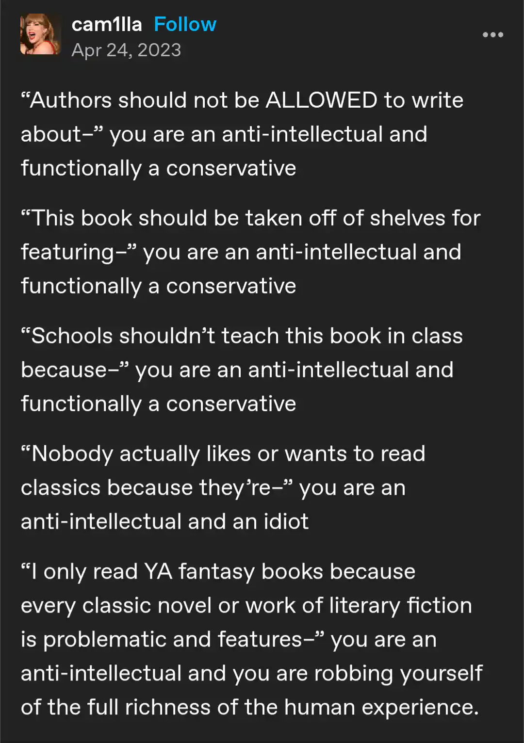 A screenshot of a social media post with white text on a dark background listing several common criticisms of classic…