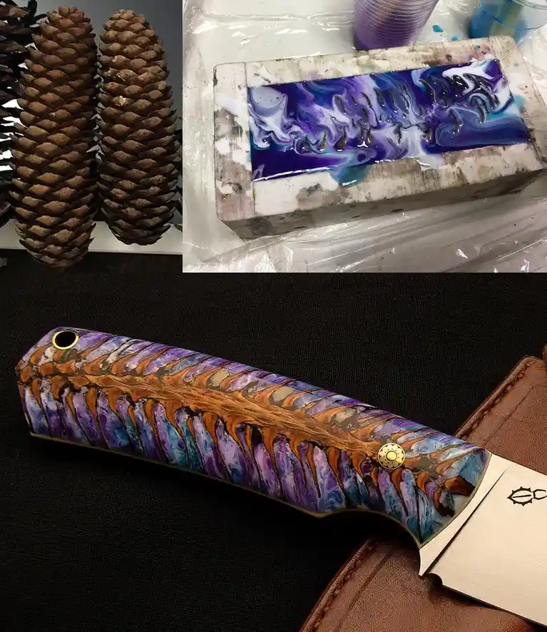 The image shows a three-panel collage: top-left displays several brown pinecones; top-right shows a mold with purple, blue…