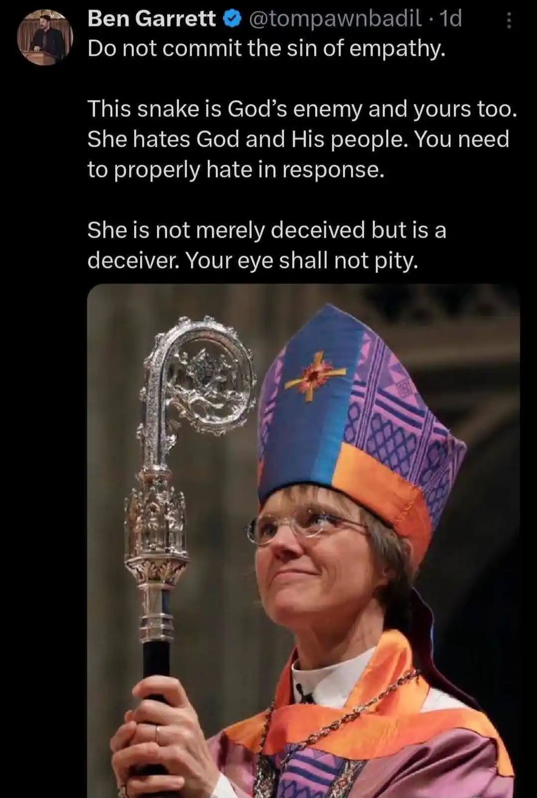 A screenshot of a tweet by Ben Garrett shows a photo of a woman in ornate religious vestments, including a colorful mitre…
